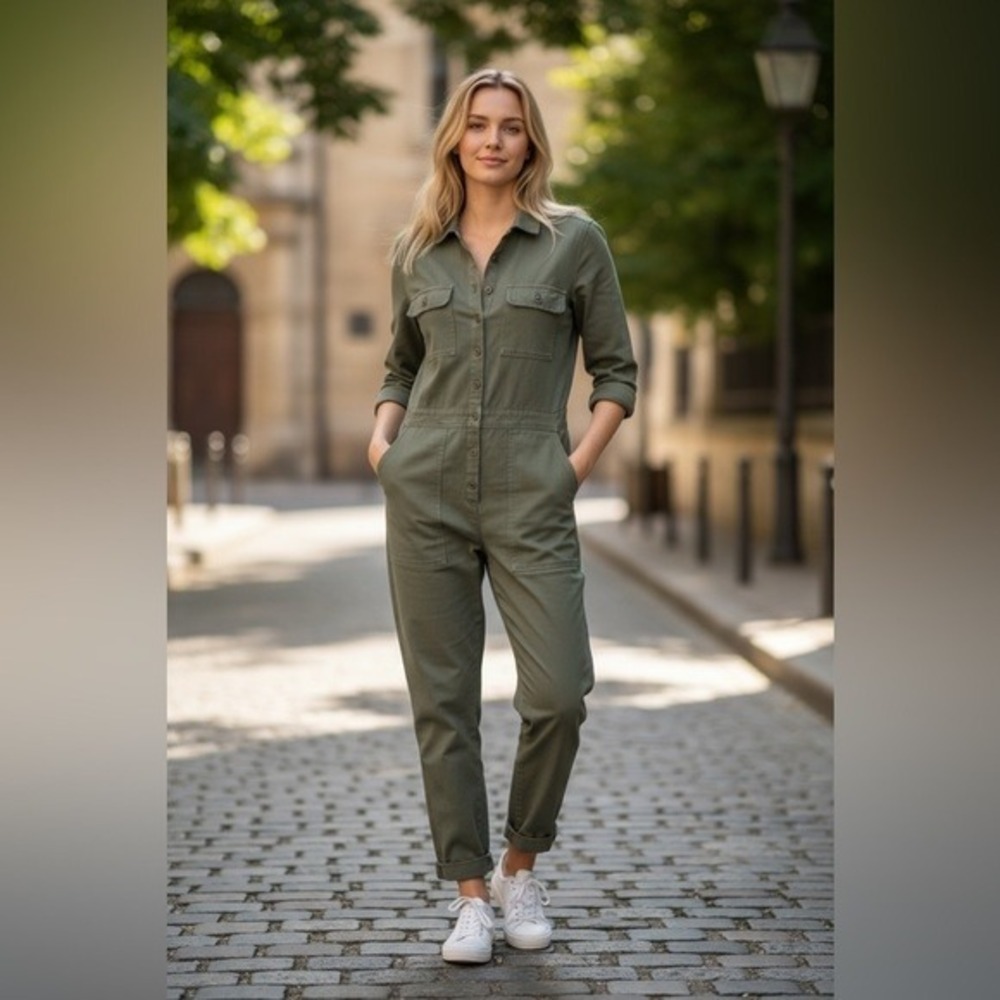 Outerknown SEA Suit Olive Green Herringbone Utility‎ Jumpsuit Womens Small P S/P